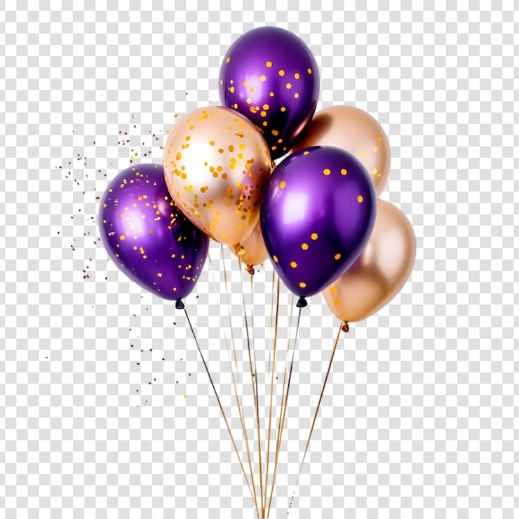 PSD un gruppo di palloncini viola e oro su uno sfondo bianco