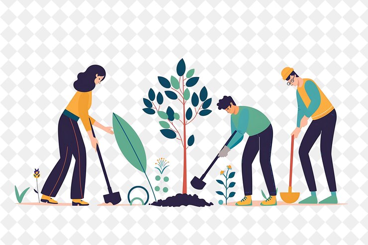 PSD un gruppo di persone che pianta alberi e piante