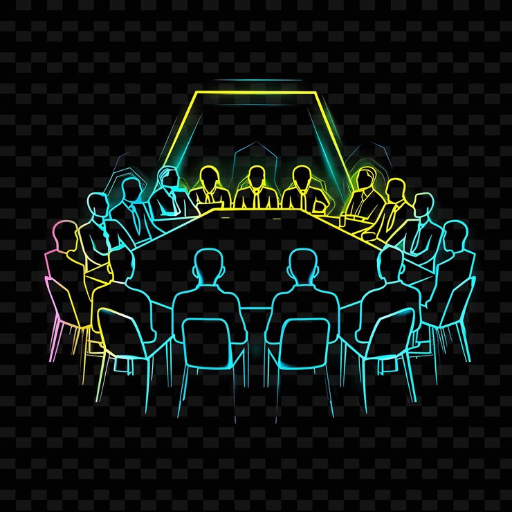 PSD un gruppo di persone si siede in un cerchio con una luce al neon in cima