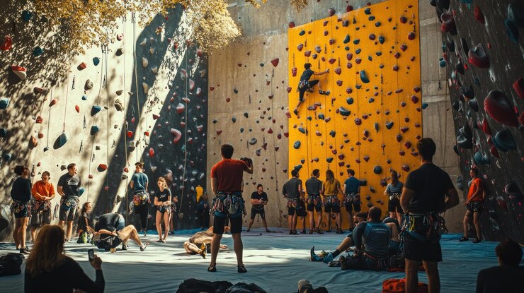 PSD un gruppo di persone sta arrampicandosi su una roccia in una palestra di arrampicata coperta con un grande muro di colori brillanti sullo sfondo