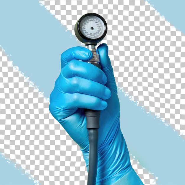 un guanto blu con una mano che tiene un cronometro