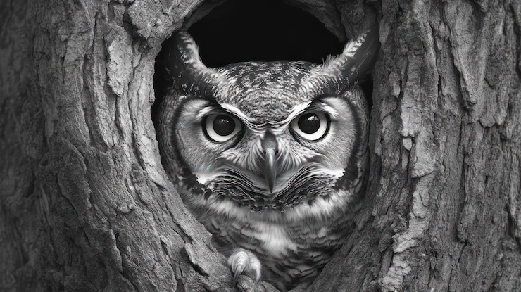 PSD un gufo che sbircia da un albero vuoto in monocromatico