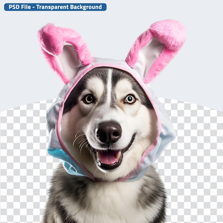 PSD un husky siberiano gioioso che indossa un cane in costume di coniglio di pasqua con orecchie di coniglio, tutto pronto per pasqua.