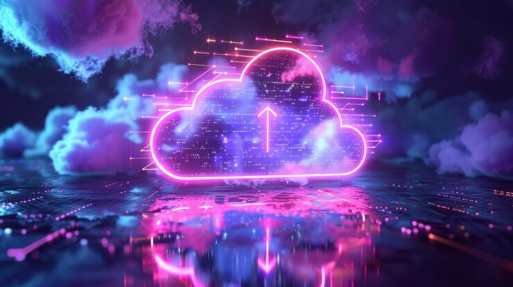 PSD un'icona di nuvola al neon luminosa con una freccia che indica verso l'alto che rappresenta l'archiviazione delle nuvole e il trasferimento di dati sullo sfondo di nuvole scure