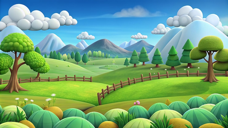 PSD un'illustrazione a cartone animato di un paesaggio con una recinzione e una recinzioni