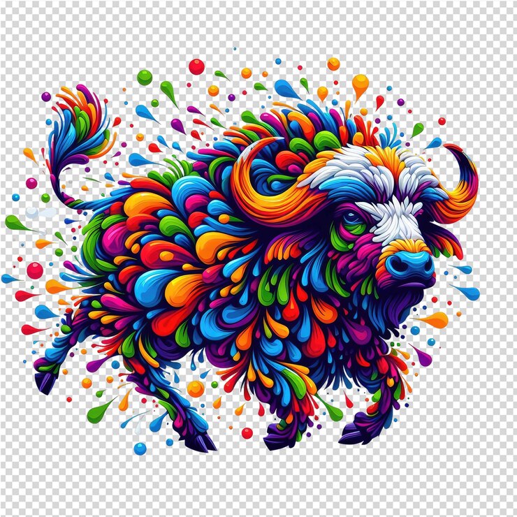PSD un'illustrazione colorata di un bufalo con macchie colorate e cerchi multicolori