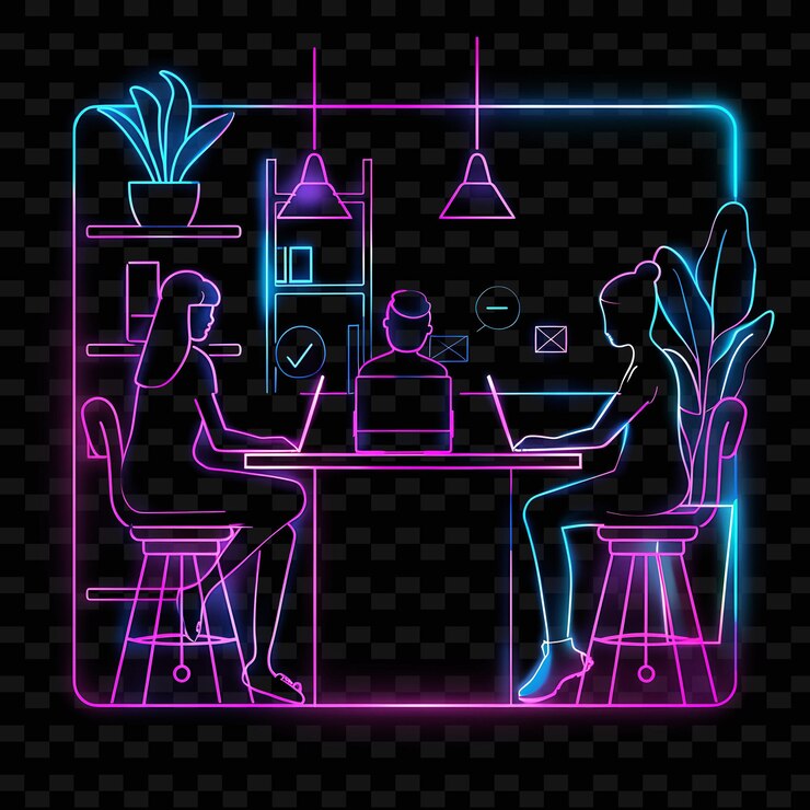 PSD un'illustrazione colorata di un ristorante con un uomo che lavora su un laptop