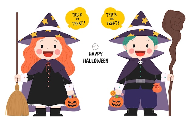 un'illustrazione di cartone animato di una ragazza vestita da strega con una zucca e le parole Halloween su di essa