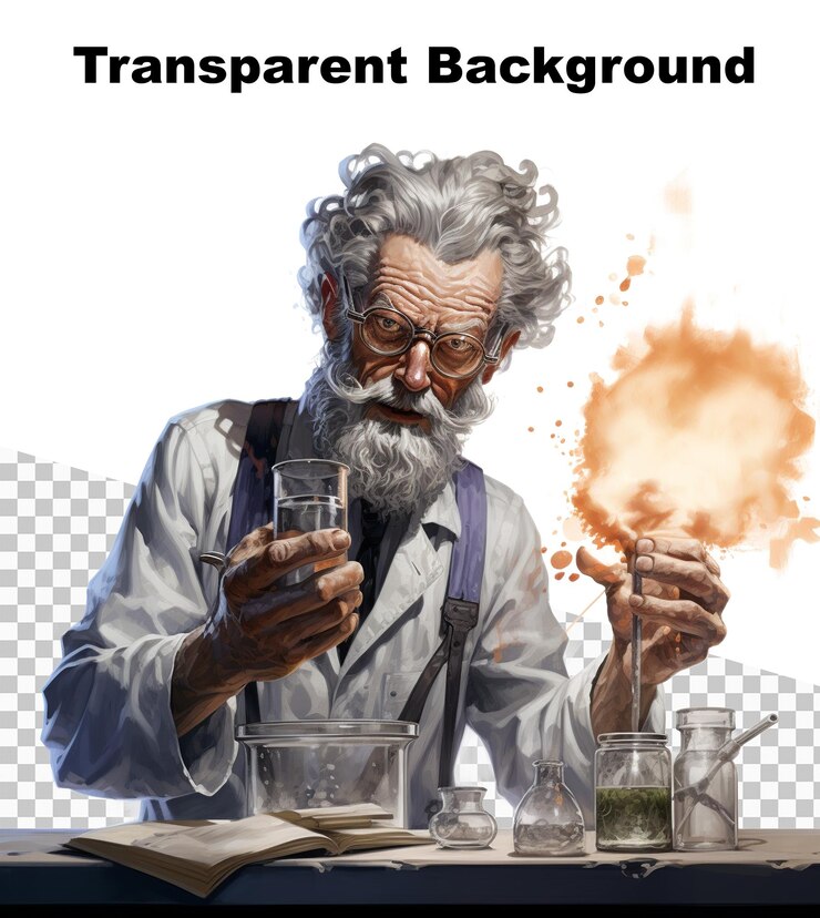 PSD un'illustrazione di uno scienziato pazzo che lavora sulle sue pozioni