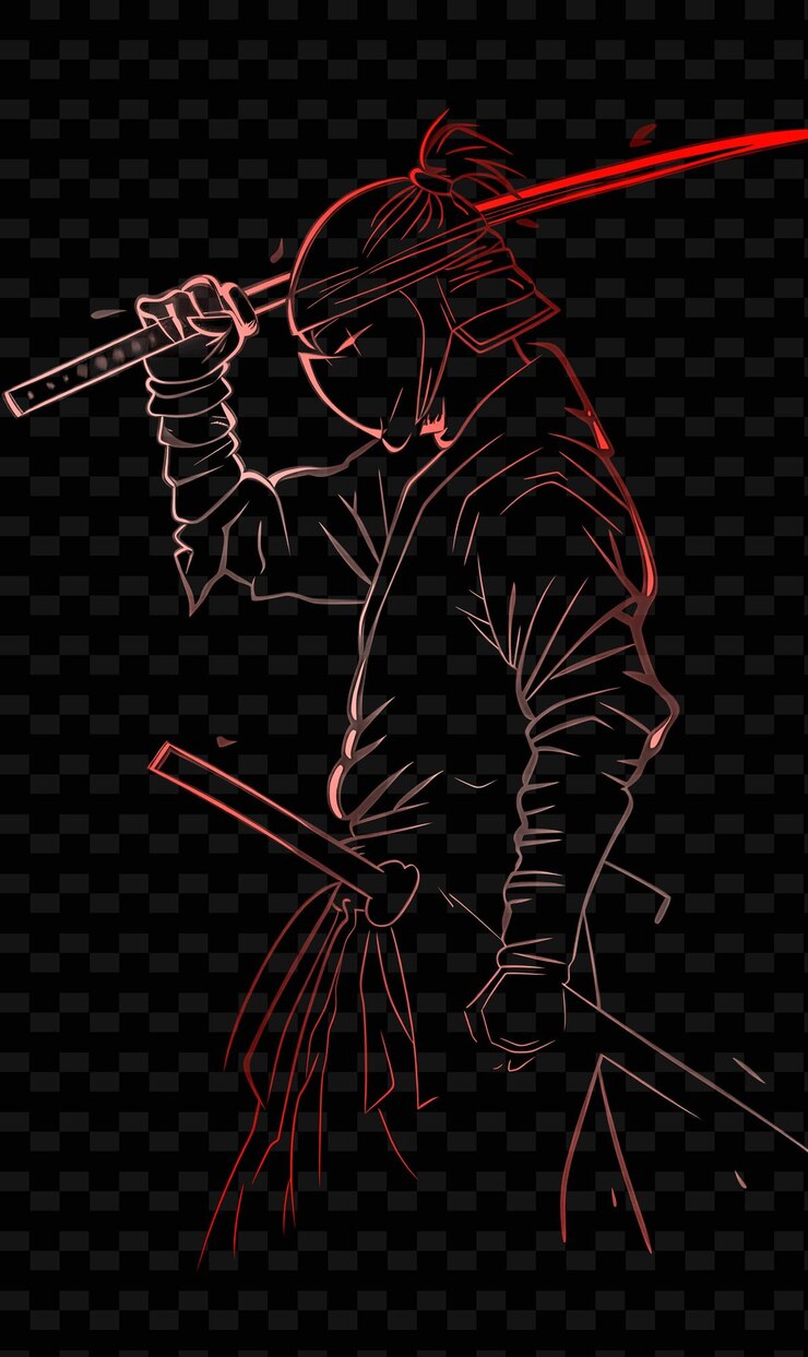 PSD un'illustrazione nera e rossa di un samurai con una luce al neon rossa sulla testa
