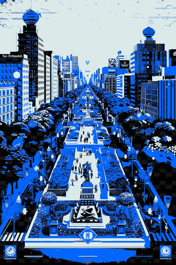 PSD un'immagine bianca e blu di una strada della città con un cartello blu che dice "cita la città di chicago"