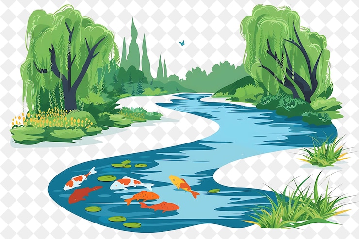 PSD un'immagine di un fiume con pesci koi e alberi
