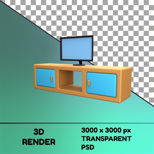 Un'immagine di un mobile TV con uno schermo blu che dice 3d render.