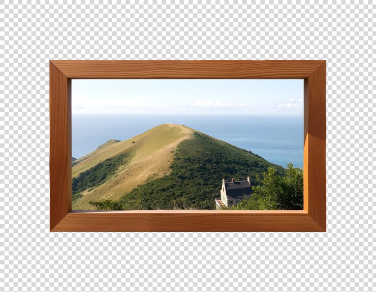 PSD un'immagine di una montagna con una cornice di legno che dice "quota una montagna"