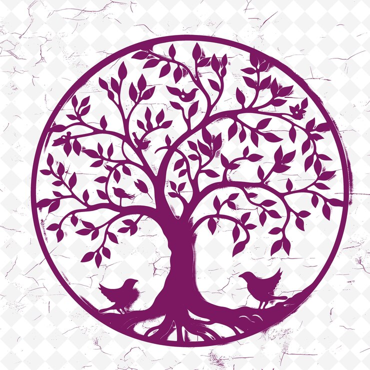 PSD un'immagine viola e bianca di un albero e di uccelli