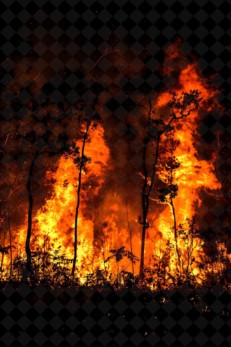PSD un incendio forestale con la parola "fuoco" sopra
