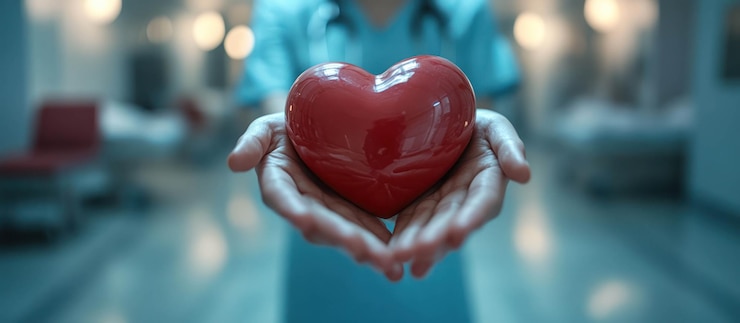 PSD un'infermiera tiene un cuore rosso nelle mani aperte con uno sfondo ospedaliero sfocato