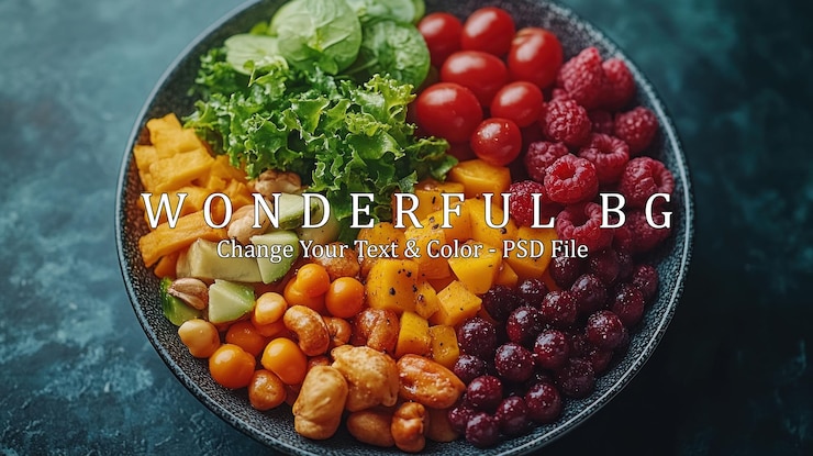 PSD un'insalata colorata e sana con varie frutta e verdura in una ciotola nera