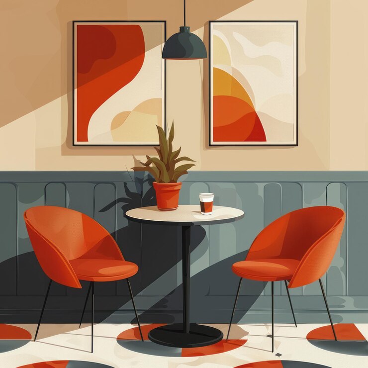 PSD un interno di caffè moderno minimalista con due sedie rosse un tavolo rotondo una pianta un bicchiere d'acqua e due dipinti astratti