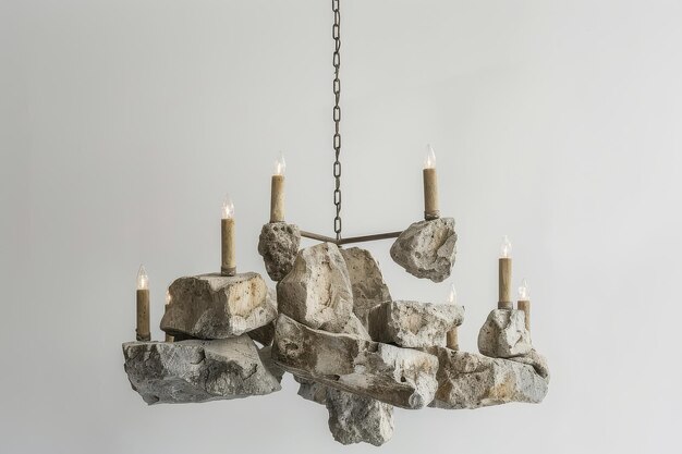 Un lampadario rustico in pietra naturale che pende elegantemente dal soffitto in uno spazio interno softlit