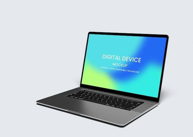Un laptop con uno schermo che dice mockup del dispositivo digitale.