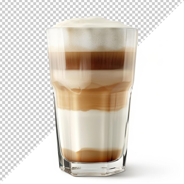 PSD un latte stratificato visivamente attraente servito in un bicchiere alto che mostra ricco caffè latte cremoso e schiuma schiumosa in un ambiente calmante