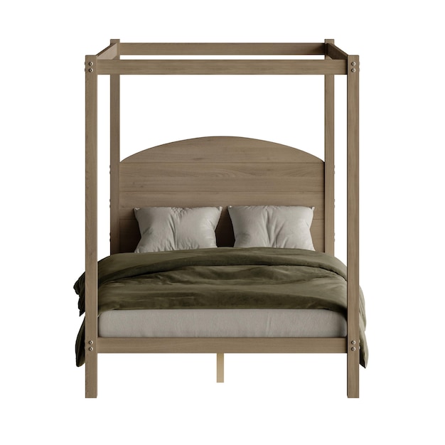 Un letto di legno con un baldacchino e un comodo verde