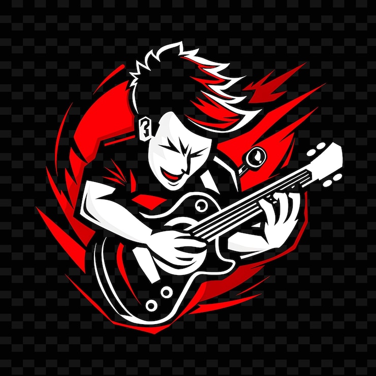 PSD un logo rosso e nero con una ragazza che suona la chitarra