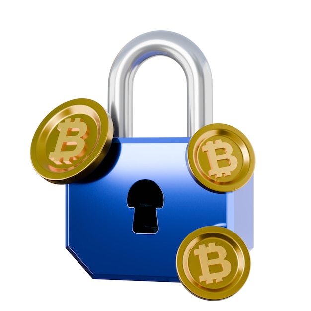 Un lucchetto con un Bitcoin su di esso rendering realistico 3D