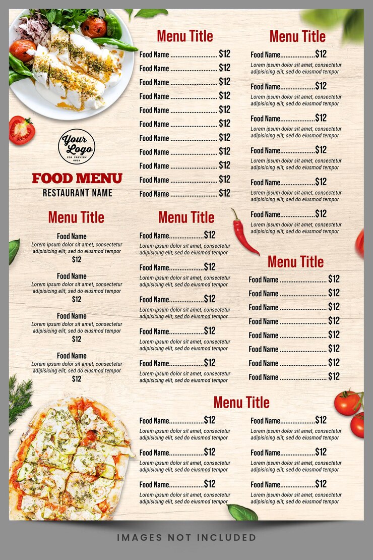 PSD un menu per il ristorante chiamato la pizzeria.