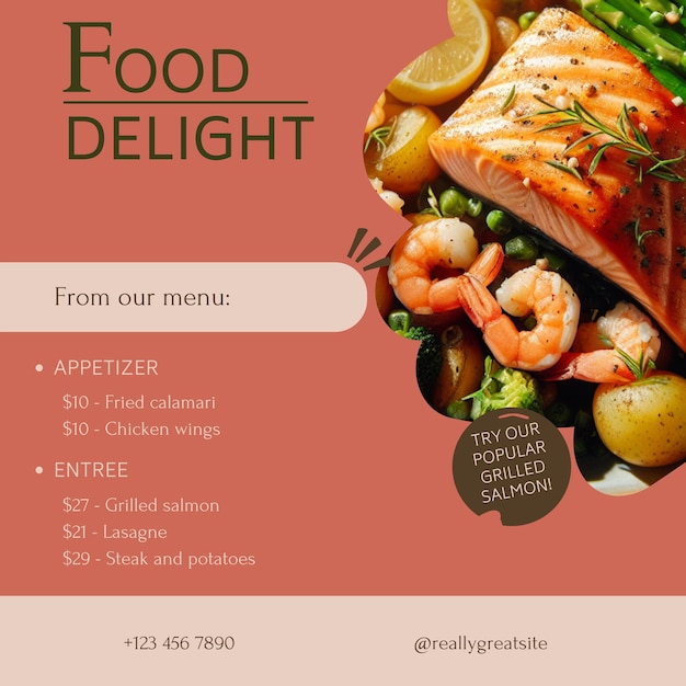 Un modello di post di Instagram per presentare gli elementi del menu selezionati di un ristorante