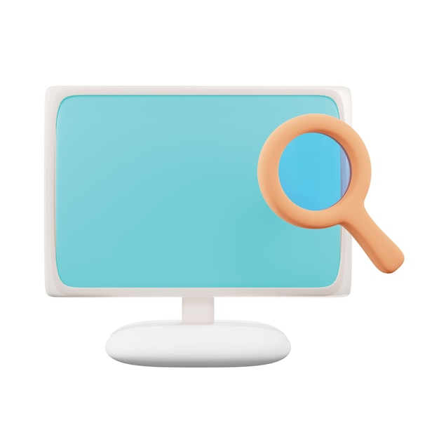 Un monitor di computer bianco con una lente d'ingrandimento e uno schermo blu.
