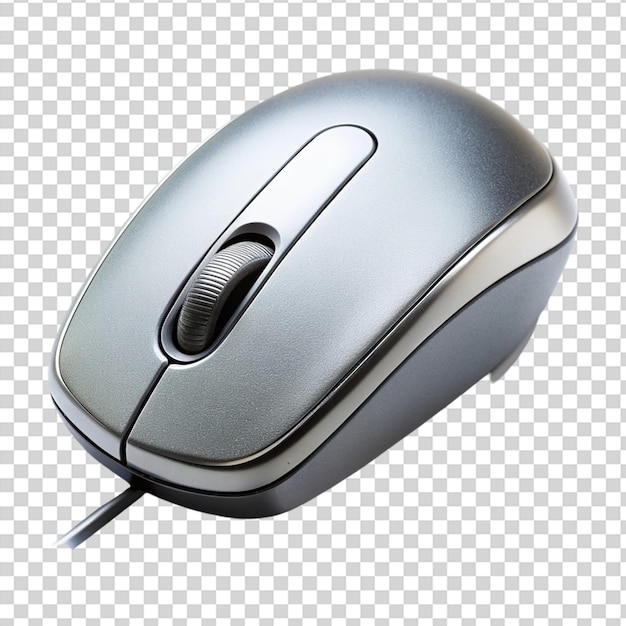 Un mouse per computer argento e nero su uno sfondo trasparente