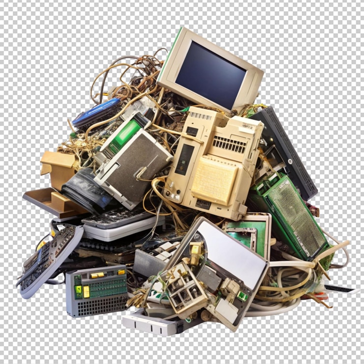 PSD un mucchio di elettronica e rifiuti elettronici isolati isolati su uno sfondo trasparente