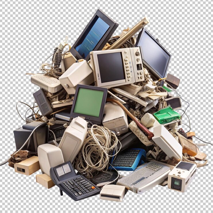 PSD un mucchio di elettronica e rifiuti elettronici isolati isolati su uno sfondo trasparente
