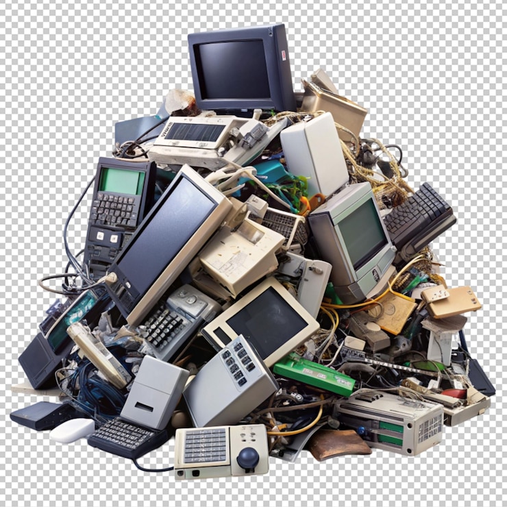 PSD un mucchio di elettronica e rifiuti elettronici isolati isolati su uno sfondo trasparente