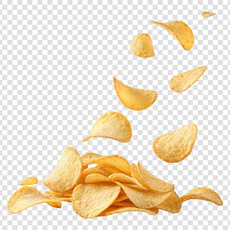 PSD un mucchio di patatine salate gialle fritte isolate su patatine bianche che cadono isolate