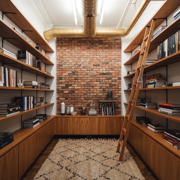 un muro di mattoni con scaffali per libri e una scala al centro