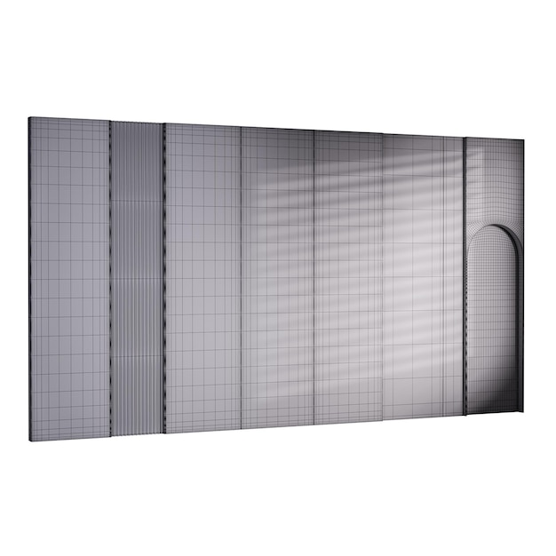 Un muro grigio con una finestra e una porta Il muro è fatto di un materiale a maglia