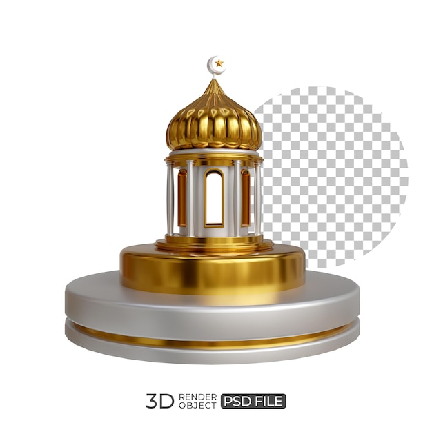 Un oggetto 3d oro e bianco con una cupola e la vista laterale 3d del testo.