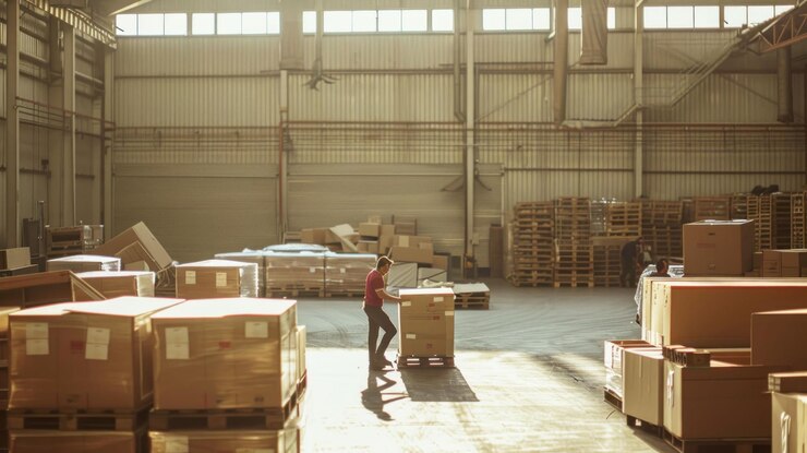 PSD un operaio di un magazzino spinge un pallet di scatole con molte altre scatole impilate su pallet vicini