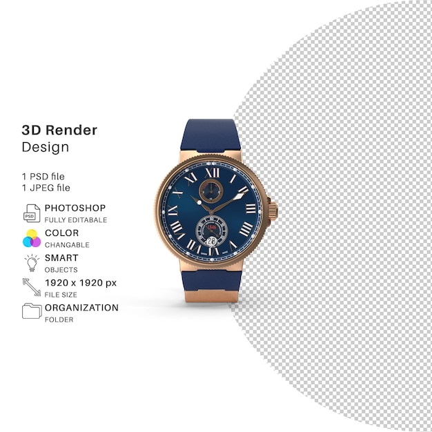 Un orologio blu con un cinturino blu e un quadrante blu che dice 3d render design.