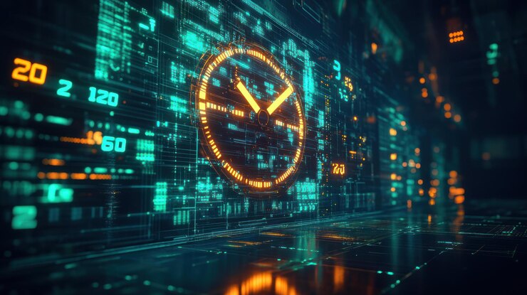 PSD un orologio luminoso su uno sfondo digitale futuristico