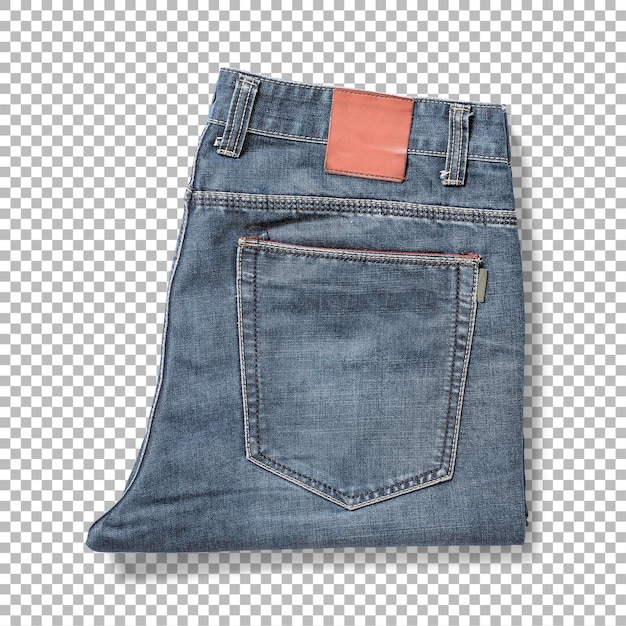 Un paio di jeans denim blu piegati che mostrano una tasca posteriore e una patch di pelle
