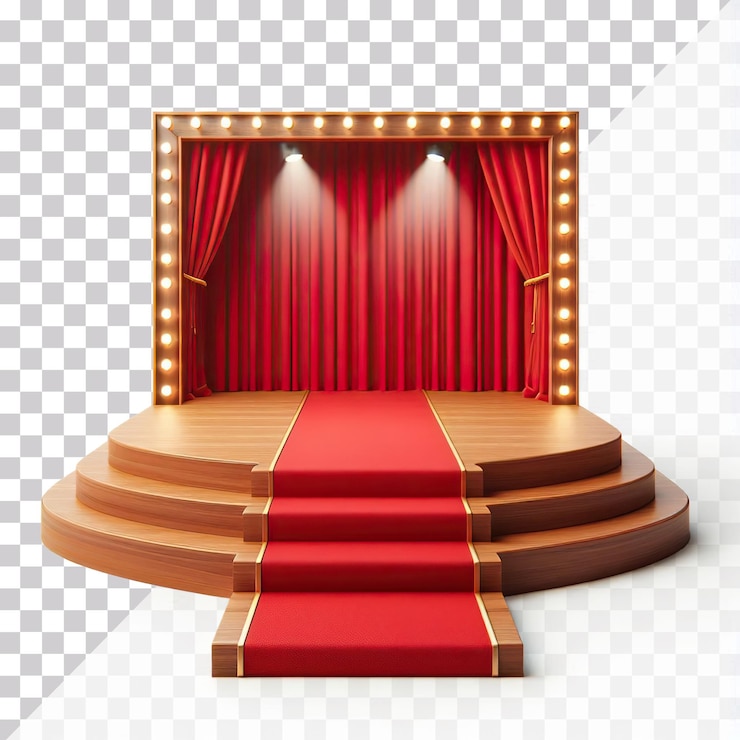 PSD un palco di legno per lo spettacolo con un tappeto rosso isolato su uno sfondo trasparente