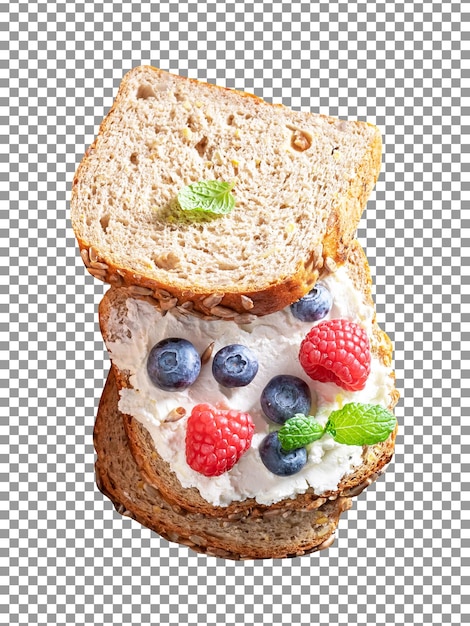 Un panino con una fetta di pane con frutti di bosco e lamponi su sfondo trasparente