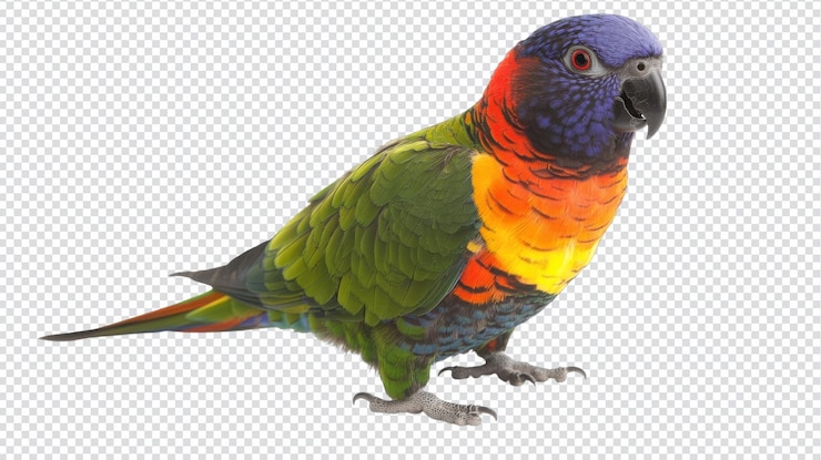 PSD un pappagallo vibrante appoggiato rivolto in avanti su un ramo ideale per i temi della natura e della fauna selvatica in progetti educativi e creativi
