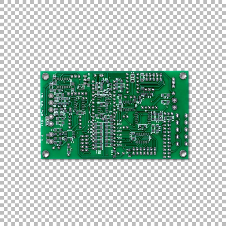 PSD un pcb a circuiti stampati che mostra intricati percorsi elettronici e componenti per l'assemblaggio e la funzionalità dei circuiti