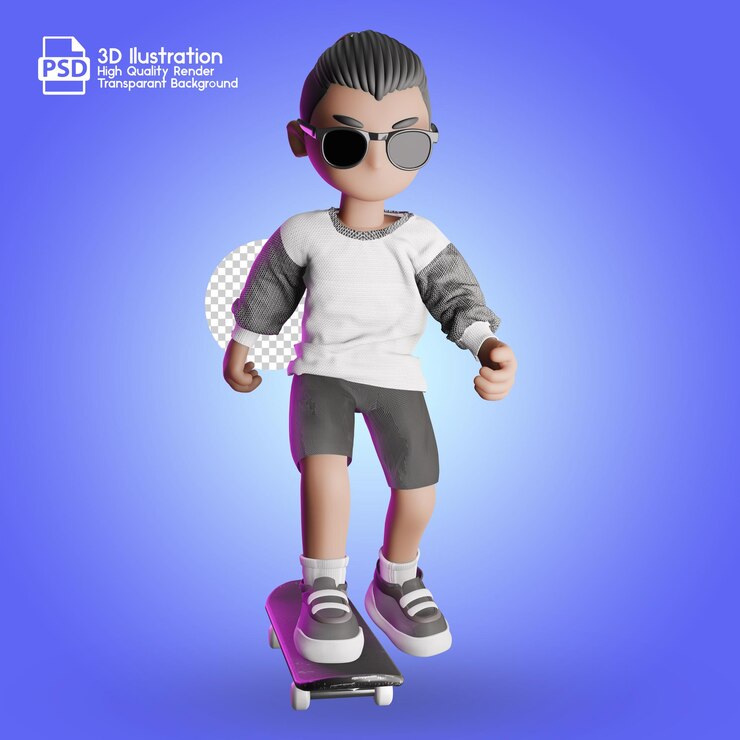 PSD un personaggio dei cartoni animati con occhiali da sole e uno skateboard