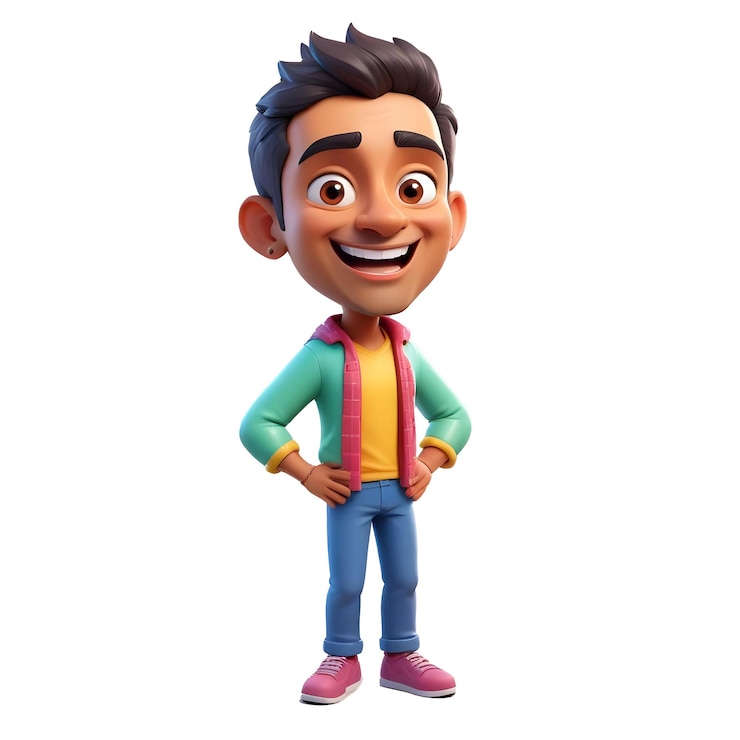 PSD un personaggio di cartone animato con una camicia colorata che dice che ha un grande sorriso